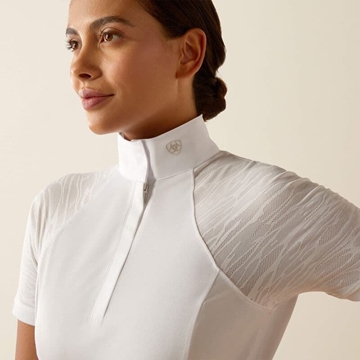 Camiseta De Equitación EQUESTRIAN QUEEN Emery 24SS - Manga Corta, Blanco, Con Encaje, Transpirable, Para Mujer